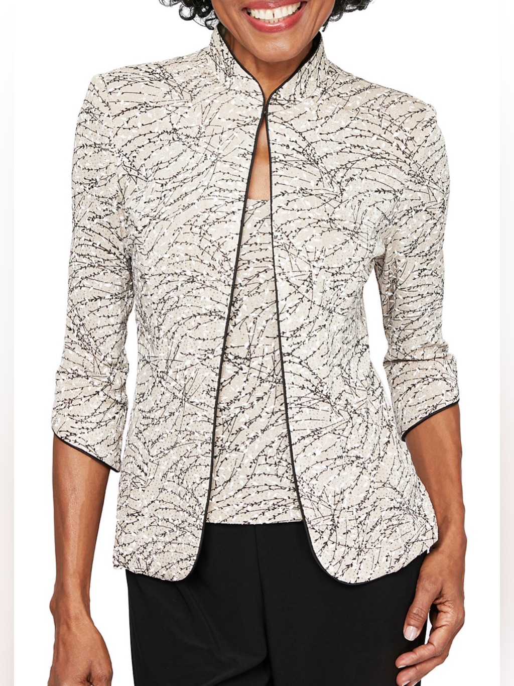 Alex Evenings Mandarin Neck 3/4 Sleeve Piping Glitter Embellished Knit Twinset